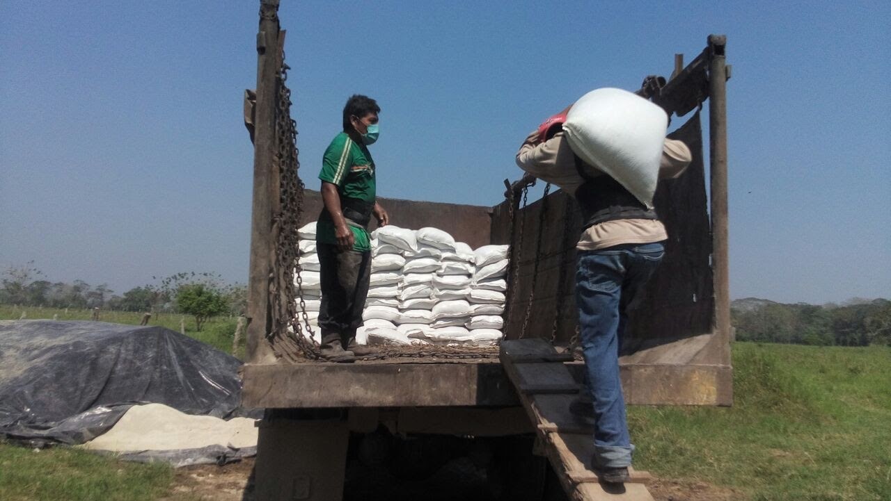 Descarga de costales de fertilizante de un camión en Tabasco, 2017